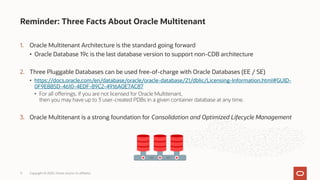 1. Oracle Multitenant Architecture is the standard going forward
• Oracle Database 19c is the last database version to support non-CDB architecture
2. Three Pluggable Databases can be used free-of-charge with Oracle Databases (EE / SE)
• https://docs.oracle.com/en/database/oracle/oracle-database/21/dblic/Licensing-Information.html#GUID-
0F9EB85D-4610-4EDF-89C2-4916A0E7AC87
• For all offerings, if you are not licensed for Oracle Multitenant,
then you may have up to 3 user-created PDBs in a given container database at any time.
3. Oracle Multitenant is a strong foundation for Consolidation and Optimized Lifecycle Management
Reminder: Three Facts About Oracle Multitenant
Copyright © 2020, Oracle and/or its affiliates
11
 