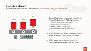 • Oracle Multitenant means self-contained,
Pluggable Databases (PDBs) providing
- Rapid deployment with Hot Clone
- Refresh / incremental refresh
- Relocation with no downtime
- PDB upgrades (using plug / unplug)
• PDBs enable transparent, simplified online
lifecycle operations for any application
• PDBs speed up database migration to
new container databases (in the cloud)
Oracle Multitenant
Architecture for database consolidation & optimized lifecycle operations
12
Pricing Retail
CRM
Copyright © 2020, Oracle and/or its affiliates
 