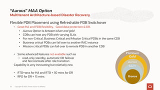 Multitenant Architecture-based Disaster Recovery
Flexible PDB Placement using Refreshable PDB Switchover
• Great HA and PDB flexibility. Good data protection & DR.
• Aurous Option is between silver and gold
• CDBs can host any PDB with varying SLAs
• For non-Critical, Business Critical and Mission Critical PDBs in the same CDB
• Business critical PDBs can fail over to another RAC instance
• Mission critical PDBs can fail over to remote PDB in another CDB
• Some advanced features not available such as
• read-only standby, automatic DR failover
and fast reinstate after role transition
Capability is very innovating but relatively new
• RTO=secs for HA and RTO < 30 mins for DR
• RPO for DR < 15 mins
“Aurous” MAA Option
14
Platinum
Gold
Aurous
Silver
Bronze
Copyright © 2020, Oracle and/or its affiliates
 