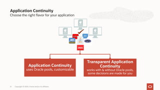 Application Continuity
Choose the right flavor for your application
21
Transparent Application
Continuity
works with & without Oracle pools,
some decisions are made for you
Application Continuity
uses Oracle pools, customizable
Copyright © 2020, Oracle and/or its affiliates
 