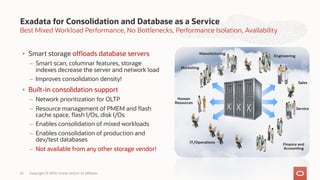 Best Mixed Workload Performance, No Bottlenecks, Performance Isolation, Availability
Exadata for Consolidation and Database as a Service
25
• Smart storage offloads database servers
– Smart scan, columnar features, storage
indexes decrease the server and network load
– Improves consolidation density!
• Built-in consolidation support
– Network prioritization for OLTP
– Resource management of PMEM and flash
cache space, flash I/Os, disk I/Os
– Enables consolidation of mixed workloads
– Enables consolidation of production and
dev/test databases
– Not available from any other storage vendor!
Manufacturing
Marketing
Human
Resources
Engineering
Sales
Service
IT/Operations
Finance and
Accounting
Copyright © 2020, Oracle and/or its affiliates
 