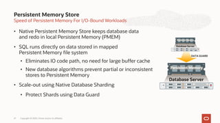 Speed of Persistent Memory For I/O-Bound Workloads
• Native Persistent Memory Store keeps database data
and redo in local Persistent Memory (PMEM)
• SQL runs directly on data stored in mapped
Persistent Memory file system
• Eliminates IO code path, no need for large buffer cache
• New database algorithms prevent partial or inconsistent
stores to Persistent Memory
• Scale-out using Native Database Sharding
• Protect Shards using Data Guard
Persistent Memory Store
DATA GUARD
Copyright © 2020, Oracle and/or its affiliates
27
 