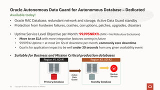 Available today!
• Oracle RAC Database, redundant network and storage, Active Data Guard standby
• Protection from hardware failures, crashes, corruptions, patches, upgrades, disasters
• Uptime Service Level Objective per Month: 99.995NRX% (NRX = No Ridiculous Exclusions)
• Move to an SLA with more integration features coming in future
• 99.995% Uptime = at most 2m 12s of downtime per month, commonly zero downtime
• Goal is for application impact to be well under 30 seconds from any given availability event
• Suitable for Business and Mission Critical production databases
Oracle Autonomous Data Guard for Autonomous Database – Dedicated
35
Primary Database
Region #1, AD #1 Region #2, AD #2
Backup
Service
Standby Database
Active
Data
Guard
Copyright © 2020, Oracle and/or its affiliates
 