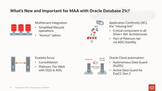 Exadata focus:
• Consolidation
• Platinum Tier MAA
with OGG & ADG
Multitenant integration:
• Simplified lifecycle
operations
• “Aurous” option
Oracle Cloud automation:
• Autonomous Data Guard
(AuDG)
• Active Data Guard for
ExaCC Gen 2
What’s New and Important for MAA with Oracle Database 21c?
Copyright © 2020, Oracle and/or its affiliates
8
Application Continuity (AC),
the “missing link”
• Critical component in all
Silver+ Ref. Architectures
• Part of Platinum tier
via ADG Standby
 