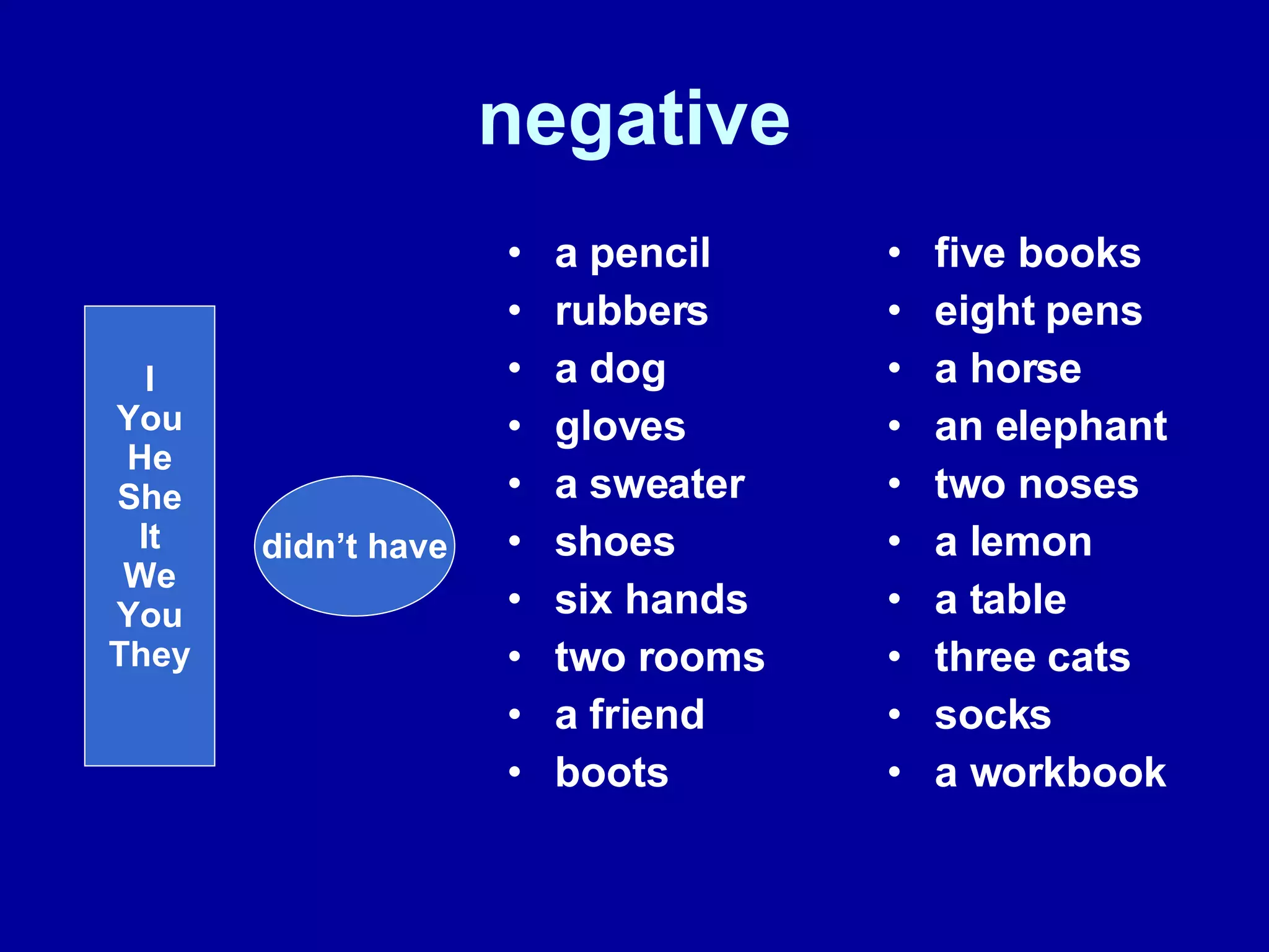 negative a pencil rubbers a dog gloves a sweater shoes six hands two rooms a friend boots five books eight pens a horse an elephant two noses a lemon a table three cats socks a workbook I You He She It We You They didn’t have