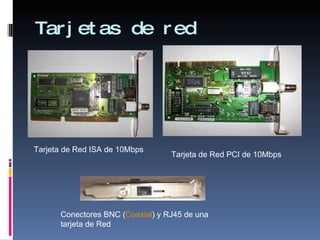 Tarjetas de red Tarjeta de Red ISA de 10Mbps  Tarjeta de Red PCI de 10Mbps  Conectores BNC ( Coaxial ) y RJ45 de una tarjeta de Red  