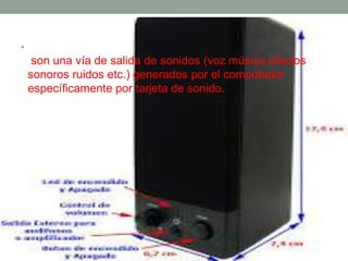 • 
son una vía de salida de sonidos (voz música efectos 
sonoros ruidos etc.) generados por el computador 
específicamente por tarjeta de sonido. 

