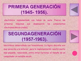 electrónica implementada con tubos de vacío. Fueron las
primeras    máquinas    que     desplazaron   los   componentes
electromecánicos (relés).




electrónica desarrollada con transistores. La lógica discreta era
muy parecida a la anterior, pero la implementación resultó mucho
más pequeña, reduciendo, entre otros factores, el tamaño de un
computador en notable escala.
 