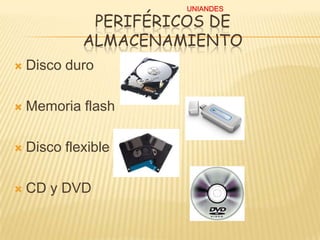 UNIANDES

PERIFÉRICOS DE
ALMACENAMIENTO


Disco duro



Memoria flash



Disco flexible



CD y DVD

 