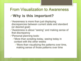 From Visualization to Awareness
Why      is this important?
Awareness    is more than just displaying
 discrepancies between current state and standard
 (or desired goal)
Awareness is about “seeing” and making sense of
 that discrepancy
Personal planning tools:
  More than scripting today, seeing today in
   context with the other weeks
    More than visualizing the patterns over time,
      making sense of those patterns over time



 