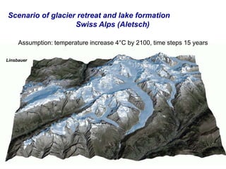 Assumption: temperature increase 4°C by 2100, time steps 15 years
Scenario of glacier retreat and lake formation
Swiss Alps (Aletsch)
Linsbauer
 
