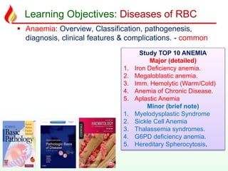 Learning Objectives: Diseases of RBC
 Anaemia: Overview, Classification, pathogenesis,
diagnosis, clinical features & complications. - common
Study TOP 10 ANEMIA
Major (detailed)
1. Iron Deficiency anemia.
2. Megaloblastic anemia.
3. Imm. Hemolytic (Warm/Cold)
4. Anemia of Chronic Disease.
5. Aplastic Anemia
Minor (brief note)
1. Myelodysplastic Syndrome
2. Sickle Cell Anemia
3. Thalassemia syndromes.
4. G6PD deficiency anemia.
5. Hereditary Spherocytosis.
 
