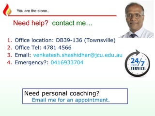 Need help? contact me…
1. Office location: DB39-136 (Townsville)
2. Office Tel: 4781 4566
3. Email: venkatesh.shashidhar@jcu.edu.au
4. Emergency?: 0416933704
Need personal coaching?
Email me for an appointment.
You are the stone..
 