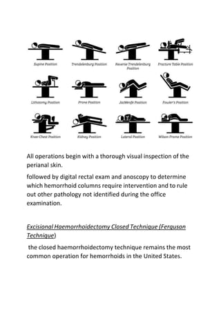 All operations begin with a thorough visual inspection of the
perianal skin.
followed by digital rectal exam and anoscopy to determine
which hemorrhoid columns require intervention and to rule
out other pathology not identified during the office
examination.
Excisional Haemorrhoidectomy Closed Technique (Ferguson
Technique)
the closed haemorrhoidectomy technique remains the most
common operation for hemorrhoids in the United States.
 