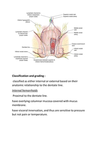 Classification and grading :
classified as either internal or external based on their
anatomic relationship to the dentate line.
Internal hemorrhoids
Proximal to the dentate line.
have overlying columnar mucosa covered with mucus
membrane.
have visceral innervation, and thus are sensitive to pressure
but not pain or temperature.
 