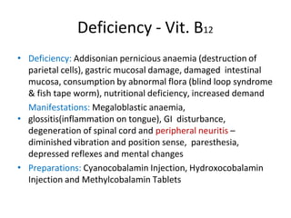 Deficiency - Vit. B12
• Deficiency: Addisonian pernicious anaemia (destruction of
parietal cells), gastric mucosal damage, damaged intestinal
mucosa, consumption by abnormal flora (blind loop syndrome
& fish tape worm), nutritional deficiency, increased demand
Manifestations: Megaloblastic anaemia,
glossitis(inflammation on tongue), GI disturbance,
degeneration of spinal cord and peripheral neuritis –
diminished vibration and position sense, paresthesia,
depressed reflexes and mental changes
Preparations: Cyanocobalamin Injection, Hydroxocobalamin
Injection and Methylcobalamin Tablets
•
•
 