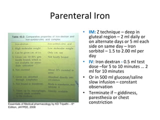 Parenteral Iron
• IM: Z technique – deep in
gluteal region – 2 ml daily or
on alternate days or 5 ml each
side on same day – Iron
sorbitol – 1.5 to 2.00 ml per
day
• IV: Iron dextran - 0.5 ml test
dose –for 5 to 10 minutes … 2
ml for 10 minutes
• Or in 500 ml glucose/saline
slow infusion – constant
observation
• Terminate if – giddiness,
paresthesia or chest
constrictionEssentials of Medical pharmacology by KD Tripathi – 6th
Edition, JAYPEE, 2008
 