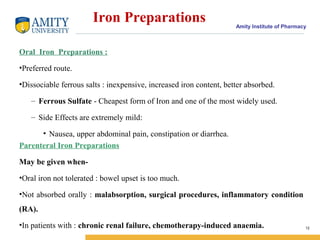 Amity Institute of Pharmacy
Iron Preparations
Oral Iron Preparations :
•Preferred route.
•Dissociable ferrous salts : inexpensive, increased iron content, better absorbed.
– Ferrous Sulfate - Cheapest form of Iron and one of the most widely used.
– Side Effects are extremely mild:
• Nausea, upper abdominal pain, constipation or diarrhea.
Parenteral Iron Preparations
May be given when-
•Oral iron not tolerated : bowel upset is too much.
•Not absorbed orally : malabsorption, surgical procedures, inflammatory condition
(RA).
•In patients with : chronic renal failure, chemotherapy-induced anaemia. 12
 