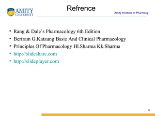 Amity Institute of Pharmacy
Refrence
• Rang & Dale’s Pharmacology 6th Edition
• Bertram G.Katzung Basic And Clinical Pharmacology
• Principles Of Pharmacology Hl.Sharma Kk.Sharma
• http://slideshare.com
• http://slideplayer.com
22
 
