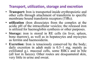 Transport, utilization, storage and excretion
• Transport: Iron is transported inside erythropoietic and
other cells through attachment of transferrin to specific
membrane bound transferrin receptors (TfRs).
• utilization :Iron dissociates from the complex at the
acidic pH of the intracellular vesicles; the released iron
is utilized for haemoglobin synthesis or other purposes.
• Storage: iron is stored in RE cells (in liver, spleen,
bone marrow), as well as in hepatocytes and myocytes
as ferritin and haemosiderin.
• Excretion: Iron is tenaciously conserved by the body;
daily excretion in adult male is 0.5–1 mg, mainly as
exfoliated g.i. mucosal cells, some RBCs and in bile
(all lost in faeces). Other routes are desquamated skin,
very little in urine and sweat.
 
