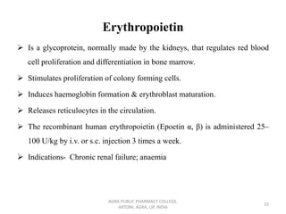 Erythropoietin
➢ Is a glycoprotein, normally made by the kidneys, that regulates red blood
cell proliferation and differentiation in bone marrow.
➢ Stimulates proliferation of colony forming cells.
➢ Induces haemoglobin formation & erythroblast maturation.
➢ Releases reticulocytes in the circulation.
➢ The recombinant human erythropoietin (Epoetin α, β) is administered 25–
100 U/kg by i.v. or s.c. injection 3 times a week.
➢ Indications- Chronic renal failure; anaemia
AGRA PUBLIC PHARMACY COLLEGE,
ARTONI, AGRA, UP, INDIA
15
 