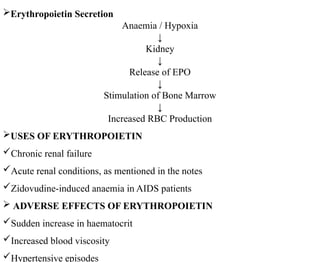 Erythropoietin Secretion
Anaemia / Hypoxia
↓
Kidney
↓
Release of EPO
↓
Stimulation of Bone Marrow
↓
Increased RBC Production
USES OF ERYTHROPOIETIN
Chronic renal failure
Acute renal conditions, as mentioned in the notes
Zidovudine-induced anaemia in AIDS patients
 ADVERSE EFFECTS OF ERYTHROPOIETIN
Sudden increase in haematocrit
Increased blood viscosity
Hypertensive episodes
 