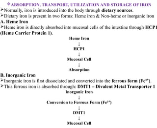 ABSORPTION, TRANSPORT, UTILIZATION AND STORAGE OF IRON
Normally, iron is introduced into the body through dietary sources.
Dietary iron is present in two forms: Heme iron & Non-heme or inorganic iron
A. Heme Iron
Heme iron is directly absorbed into mucosal cells of the intestine through HCP1
(Heme Carrier Protein 1).
Heme Iron
↓
HCP1
↓
Mucosal Cell
↓
Absorption
B. Inorganic Iron
Inorganic iron is first dissociated and converted into the ferrous form (Fe² )
⁺ .
This ferrous iron is absorbed through: DMT1 – Divalent Metal Transporter 1
Inorganic Iron
↓
Conversion to Ferrous Form (Fe² )
⁺
↓
DMT1
↓
Mucosal Cell
 
