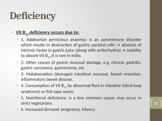Deficiency
• Vit B12 deficiency occurs due to:
• 1. Addisonian pernicious anaemia: is an autoimmune disorder
which results in destruction of gastric parietal cells → absence of
intrinsic factor in gastric juice (along with achlorhydria) → inability
to absorb Vit B12.It is rare in India.
• 2. Other causes of gastric mucosal damage, e.g. chronic gastritis,
gastric carcinoma, gastrectomy, etc.
• 3. Malabsorption (damaged intestinal mucosa), bowel resection,
inflammatory bowel disease.
• 4. Consumption of Vit B12 by abnormal flora in intestine (blind loop
syndrome) or fish tape worm.
• 5. Nutritional deficiency: is a less common cause; may occur in
strict vegetarians.
• 6. Increased demand: pregnancy, infancy.
15
 