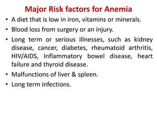 Major Risk factors for Anemia
• A diet that is low in iron, vitamins or minerals.
• Blood loss from surgery or an injury.
• Long term or serious illnesses, such as kidney
disease, cancer, diabetes, rheumatoid arthritis,
HIV/AIDS, Inflammatory bowel disease, heart
failure and thyroid disease.
• Malfunctions of liver & spleen.
• Long term infections.
 