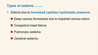 Types of oedema ……..
1. Edema due to increased capillary hydrostatic pressure;
◼ Deep venous thrombosis due to impaired venous return
◼ Congestive heart failure
◼ Pulmonary oedema
◼ Cerebral oedema
 