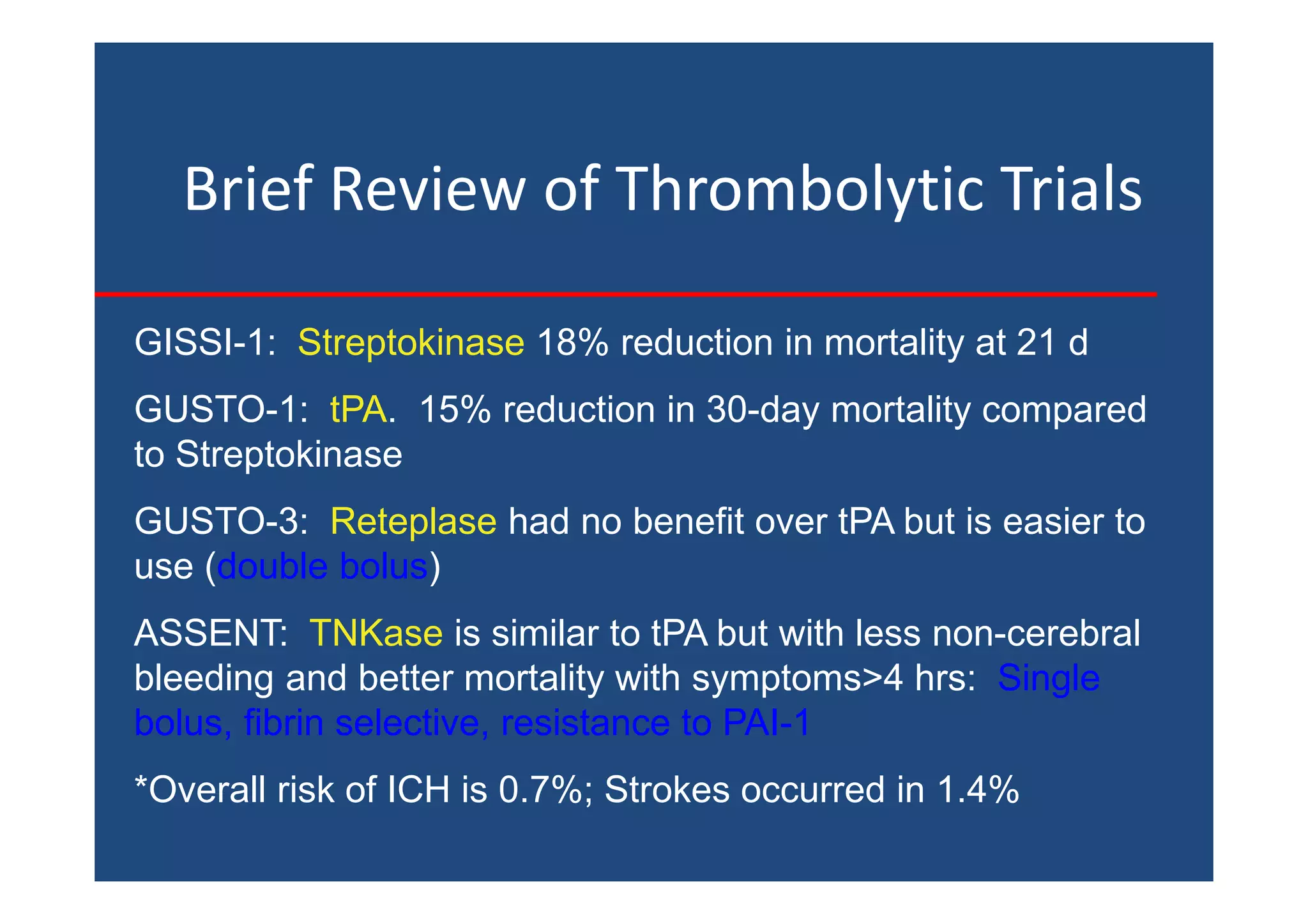 Brief Review of Thrombolytic Trials
GISSI-1: Streptokinase 18% reduction in mortality at 21 d
GUSTO-1: tPA. 15% reduction in 30-day mortality compared
to Streptokinase
GUSTO-3: Reteplase had no benefit over tPA but is easier to
use (double bolus)
ASSENT: TNKase is similar to tPA but with less non-cerebral
bleeding and better mortality with symptoms>4 hrs: Single
bolus, fibrin selective, resistance to PAI-1
*Overall risk of ICH is 0.7%; Strokes occurred in 1.4%
 