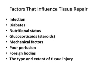 Factors That Influence Tissue Repair
• Infection
• Diabetes
• Nutritional status
• Glucocorticoids (steroids)
• Mechanical factors
• Poor perfusion
• Foreign bodies
• The type and extent of tissue injury
 