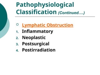  Lymphatic Obstruction
1. Inflammatory
2. Neoplastic
3. Postsurgical
4. Postirradiation
Pathophysiological
Classification (Continued….)
 