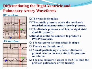 Differentiating the Right Ventricle and
Pulmonary Artery Waveforms
The wave looks taller.
The systolic pressure equals the previously
recorded pulmonary artery systolic pressure.
The diastolic pressure matches the right atrial
diastolic pressure.
Inflation of the balloon fails to produce a
PAWP waveform.
 The waveform is symmetrical in shape.
 There is no dicrotic notch.
 A small preliminary rise in late diastole is
present prior to the main rise in the pressure
waveform.
 The new pressure is closer to the QRS than the
previous pulmonary artery tracing.
RV waveform
PA Waveform
 