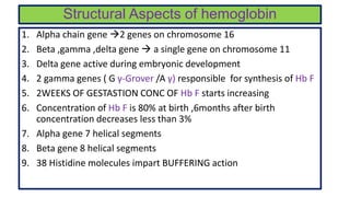 Structural Aspects of hemoglobin
1. Alpha chain gene 2 genes on chromosome 16
2. Beta ,gamma ,delta gene  a single gene on chromosome 11
3. Delta gene active during embryonic development
4. 2 gamma genes ( G γ-Grover /A γ) responsible for synthesis of Hb F
5. 2WEEKS OF GESTASTION CONC OF Hb F starts increasing
6. Concentration of Hb F is 80% at birth ,6months after birth
concentration decreases less than 3%
7. Alpha gene 7 helical segments
8. Beta gene 8 helical segments
9. 38 Histidine molecules impart BUFFERING action
 