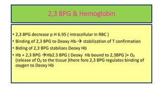 2,3 BPG & Hemoglobin
• 2,3 BPG decrease p H 6.95 ( intracellular in RBC )
• Binding of 2,3 BPG to Deoxy Hb- stabilization of T confirmation
• Biding of 2,3 BPG stabilizes Deoxy Hb
• Hb + 2,3 BPG Hb2.3 BPG ( Deoxy Hb bound to 2,3BPG )+ O₂
(release of O₂ to the tissue )there fore 2,3 BPG regulates binding of
oxygen to Deoxy Hb
 