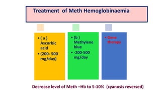 • ( a )
Ascorbic
acid
• (200- 500
mg/day)
• (b )
Methylene
blue
• -200-500
mg/day
• Gene
therapy
Treatment of Meth Hemoglobinaemia
Decrease level of Meth –Hb to 5-10% (cyanosis reversed)
 