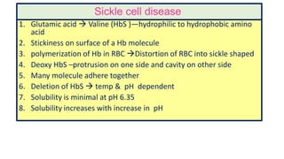 Sickle cell disease
1. Glutamic acid  Valine (HbS )—hydrophilic to hydrophobic amino
acid
2. Stickiness on surface of a Hb molecule
3. polymerization of Hb in RBC Distortion of RBC into sickle shaped
4. Deoxy HbS –protrusion on one side and cavity on other side
5. Many molecule adhere together
6. Deletion of HbS  temp & pH dependent
7. Solubility is minimal at pH 6.35
8. Solubility increases with increase in pH
 