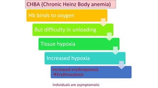 Hb binds to oxygen
But difficulty in unloading
Tissue hypoxia
Increased hypoxia
Increased erythropoiesis
Erythrocytosis
Individuals are asymptomatic
CHBA (Chronic Heinz Body anemia)
 