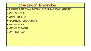 Structure of Hemoglobin
• 4 PYRROLE RINGS + 4 METHYL GROUPS + 2 VINYL GROUPS
• METHYL –CH3
• VINYL –CH3CH2
• PROPINOYL –CH3CH2 CH2
• METHYL –CH3
• METHYLENE –CH2
• METHENYL -=CH
 