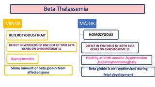 Beta Thalassemia
MINOR
HETEROZYGOUS/TRAIT
DEFECT IN SYNTHESIS OF ONE OUT OF TWO BETA
GENES ON CHROMOSOME 11
Asymptomatic
Some amount of beta globin from
affected gene
MAJOR
HOMOZYGOUS
DEFECT IN SYNTHESIS OF BOTH BETA
GENES ON CHROMOSOME 11
Healthy at birth anemia ,hypertension
,hepatospleenomeghaly
Beta globin is not synthesized during
fetal development
 