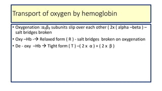 Transport of oxygen by hemoglobin
• Oxygenation :α₂β₂ subunits slip over each other ( 2x ( alpha –beta ) –
salt bridges broken
• Oxy –Hb - Relaxed form ( R ) - salt bridges broken on oxygenation
• De - oxy –Hb  Tight form ( T ) –( 2 x α ) + ( 2 x β )
 