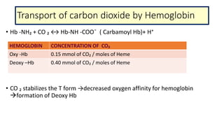 Transport of carbon dioxide by Hemoglobin
• Hb -NH₂ + CO ₂ ↔ Hb-NH -COO¯ ( Carbamoyl Hb)+ H⁺
• CO ₂ stabilizes the T form →decreased oxygen affinity for hemoglobin
formation of Deoxy Hb
HEMOGLOBIN CONCENTRATION OF CO₂
Oxy -Hb 0.15 mmol of CO₂ / moles of Heme
Deoxy –Hb 0.40 mmol of CO₂ / moles of Heme
 