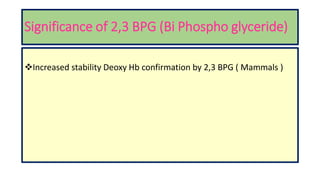 Significance of 2,3 BPG (Bi Phospho glyceride)
Increased stability Deoxy Hb confirmation by 2,3 BPG ( Mammals )
 