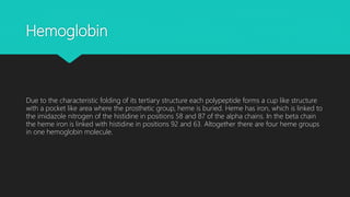 Hemoglobin
Due to the characteristic folding of its tertiary structure each polypeptide forms a cup like structure
with a pocket like area where the prosthetic group, heme is buried. Heme has iron, which is linked to
the imidazole nitrogen of the histidine in positions 58 and 87 of the alpha chains. In the beta chain
the heme iron is linked with histidine in positions 92 and 63. Altogether there are four heme groups
in one hemoglobin molecule.
 