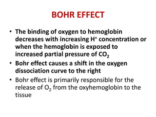 BOHR EFFECT
• The binding of oxygen to hemoglobin
decreases with increasing H+ concentration or
when the hemoglobin is exposed to
increased partial pressure of CO2
• Bohr effect causes a shift in the oxygen
dissociation curve to the right
• Bohr effect is primarily responsible for the
release of O2 from the oxyhemoglobin to the
tissue
 