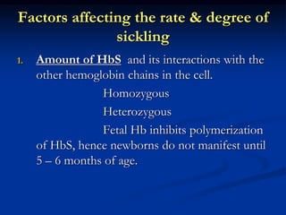 Factors affecting the rate & degree of
sickling
1. Amount of HbS and its interactions with the
other hemoglobin chains in the cell.
Homozygous
Heterozygous
Fetal Hb inhibits polymerization
of HbS, hence newborns do not manifest until
5 – 6 months of age.
 