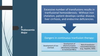 β
Thalassemia
Major
Dangers in continuous tranfusion therapy:
Development of iron
overload.
Development of
alloimmunization
(developing antibodies
to transfused RBCs).
Risk of transfusion-
transmitted diseases
(e.g., hepatitis, AIDS).
Excessive number of transfusions results in
tranfusional hemosiderosis; Without iron
chelation, patient develops cardiac disease,
liver cirrhosis, and endocrine deficiencies.
 