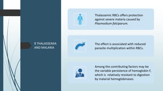 ß THALASSEMIA
AND MALARIA
Thalassemic RBCs offers protection
against severe malaria caused by
Plasmodium falciparum.
The effect is associated with reduced
parasite multiplication within RBCs.
Among the contributing factors may be
the variable persistence of hemoglobin F,
which is relatively resistant to digestion
by malarial hemoglobinases.
 