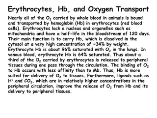 Erythrocytes, Hb, and Oxygen Transport
Nearly all of the O2 carried by whole blood in animals is bound
and transported by ...